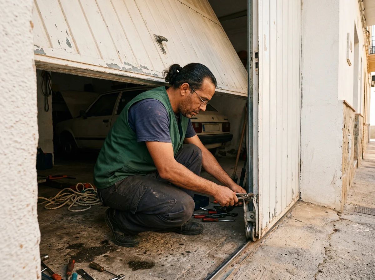 Puertas de garaje en Torrevieja: técnico reparando las ruedas de una puerta de garaje