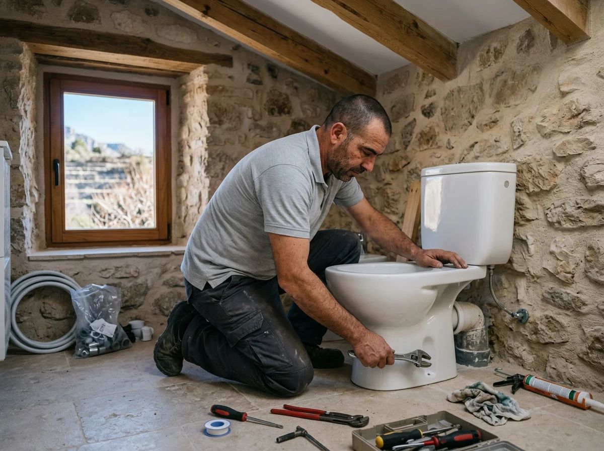 Fontaneros en Agres: técnico instalando un inodoro