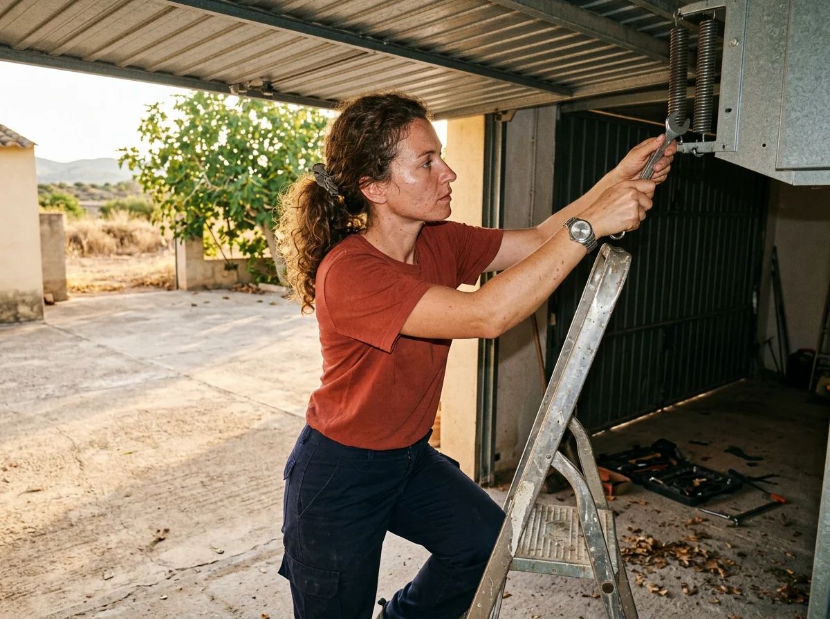 Puertas de garaje en Sax: técnico ajustando los muelles de una puerta seccional