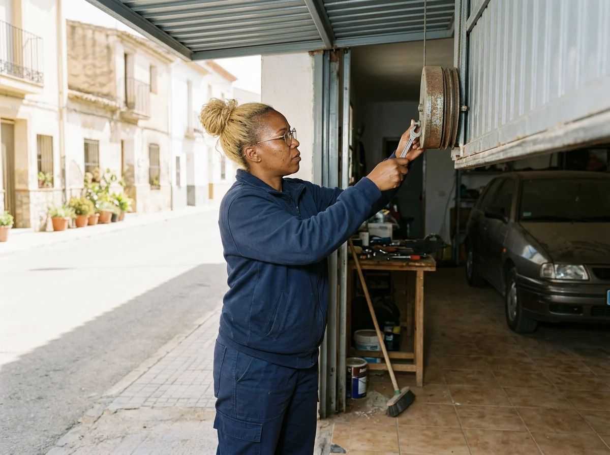 Puertas de garaje en Granja de Rocamora: técnico ajustando el contrapeso de una basculante