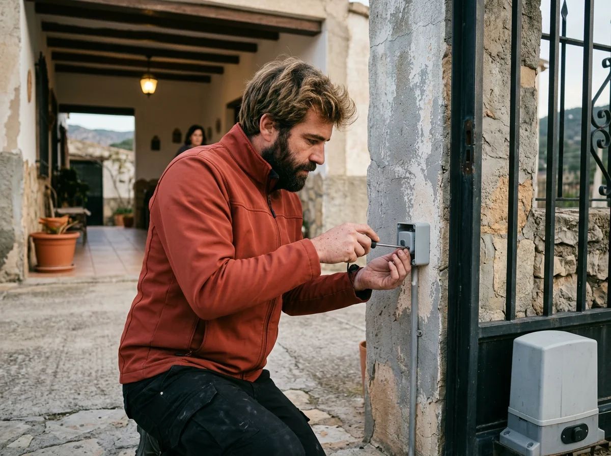 Automatismos de puertas en Cox: técnico instalando un selector de llave