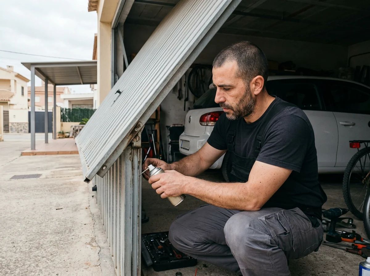 Puertas de garaje en Redován: técnico engrasando una puerta basculante