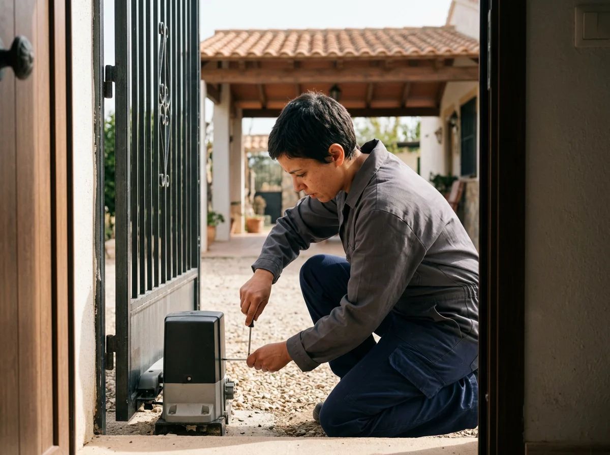 Automatismos de puertas en Rafal: técnico instalando un motor en una cancela de campo