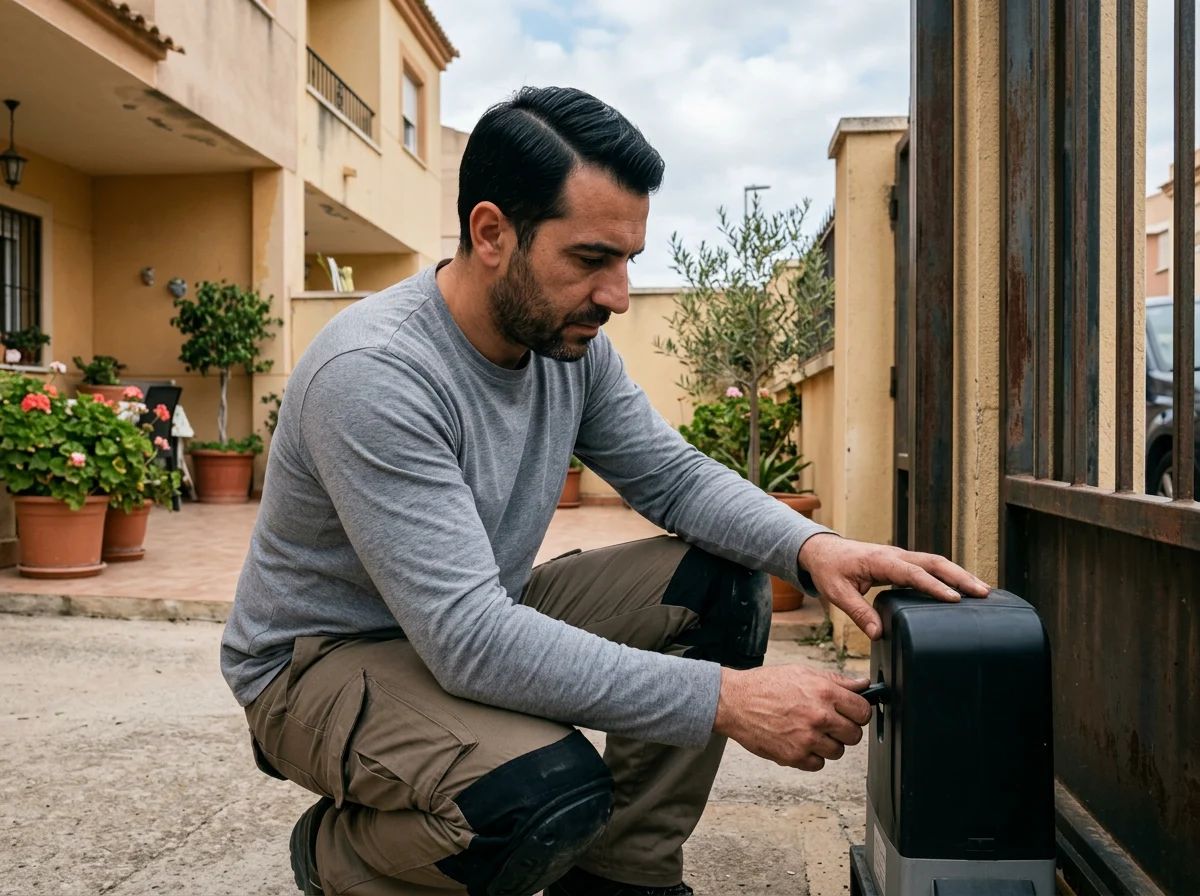 Automatismos de puertas en Crevillent: técnico probando el desbloqueo manual de un motor