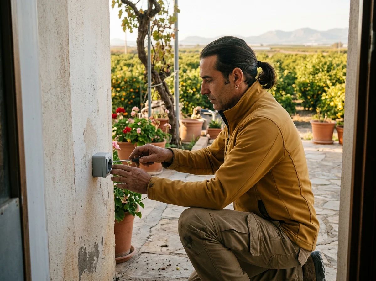 Electricistas en Jacarilla: técnico instalando un enchufe exterior