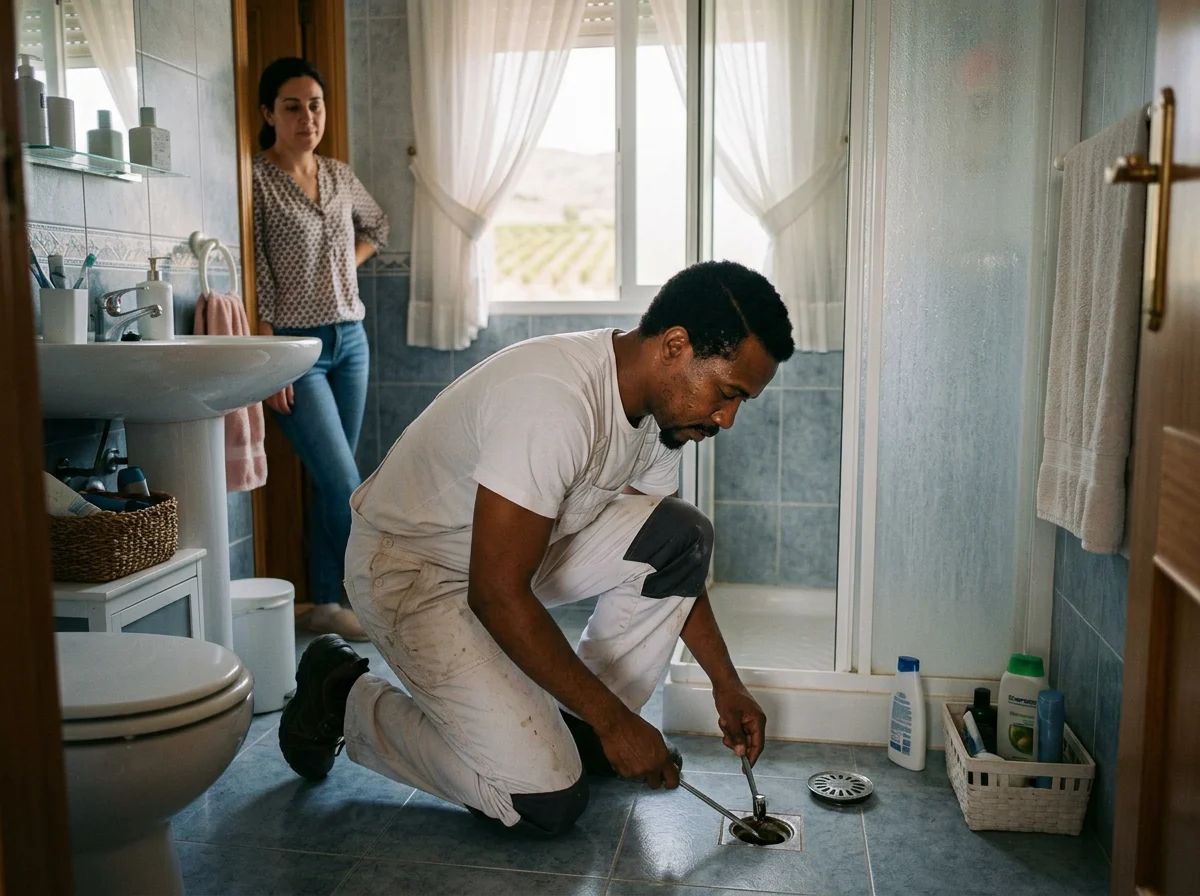 Desatascos en Pinoso: técnico desatascando el desagüe de la ducha