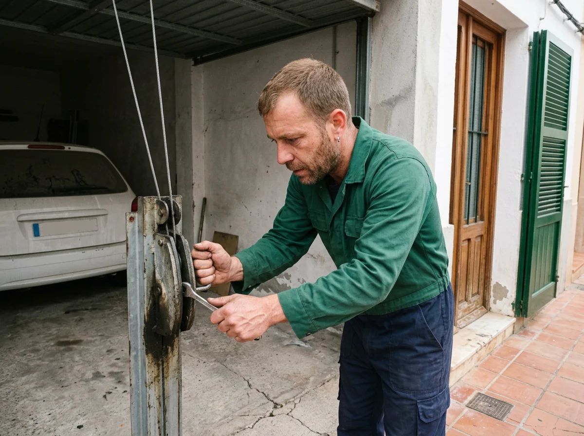 Puertas de garaje en Llíber: técnico ajustando el contrapeso de una basculante