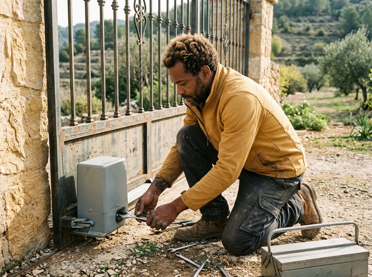 Automatismos de puertas en Gaianes: técnico instalando un motor en una cancela de campo