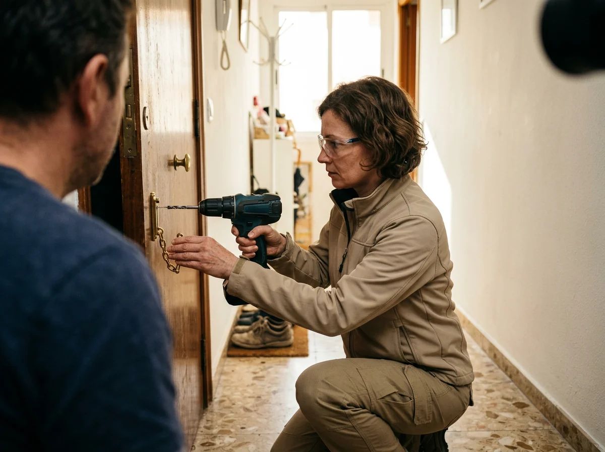 Cerrajeros en Crevillent: técnico instalando una mirilla y una cadena de seguridad