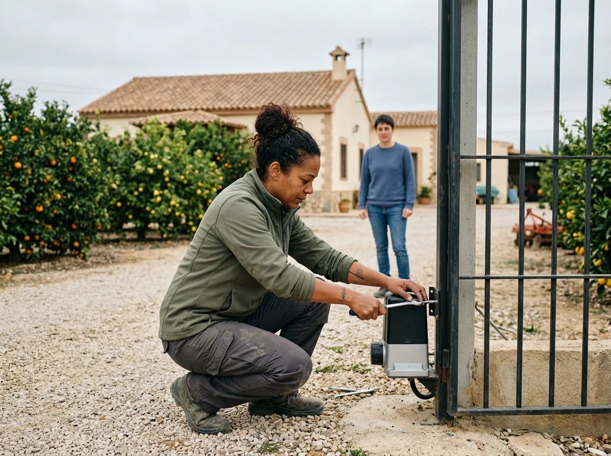 Automatismos de puertas en Albatera: técnico instalando un motor en una cancela de campo