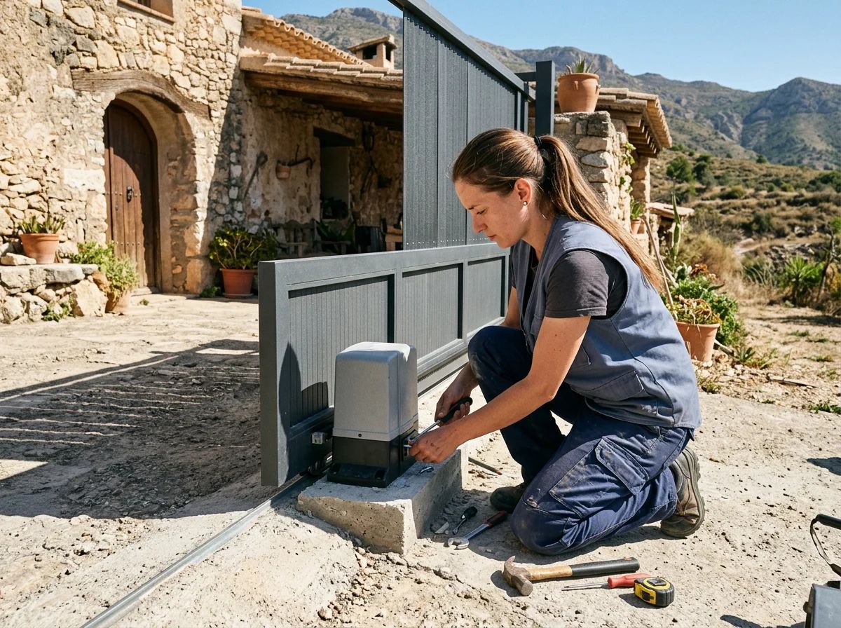 Automatismos de puertas en Onil: técnico instalando un motor de puerta corredera