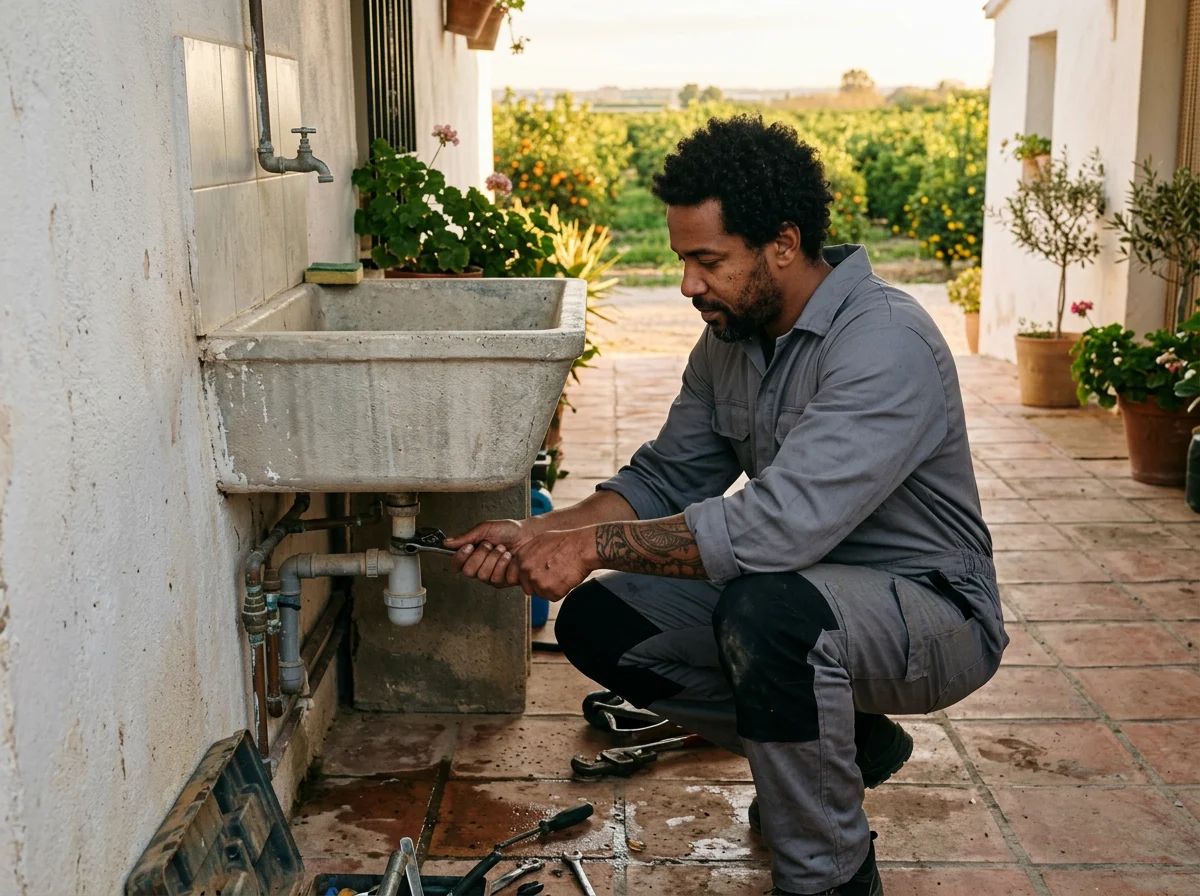 Fontaneros en Formentera del Segura: técnico reparando la pila del patio
