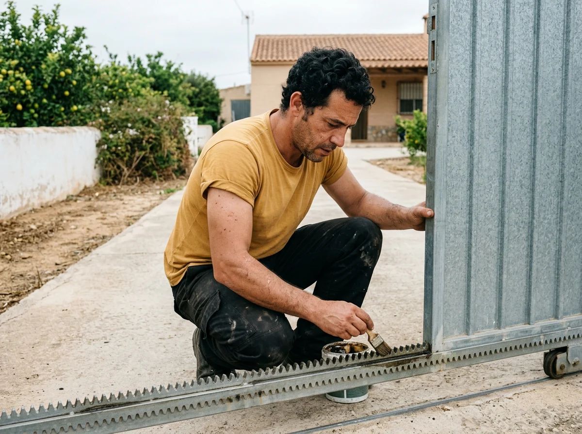 Automatismos de puertas en Jacarilla: técnico engrasando la cremallera de una puerta corredera
