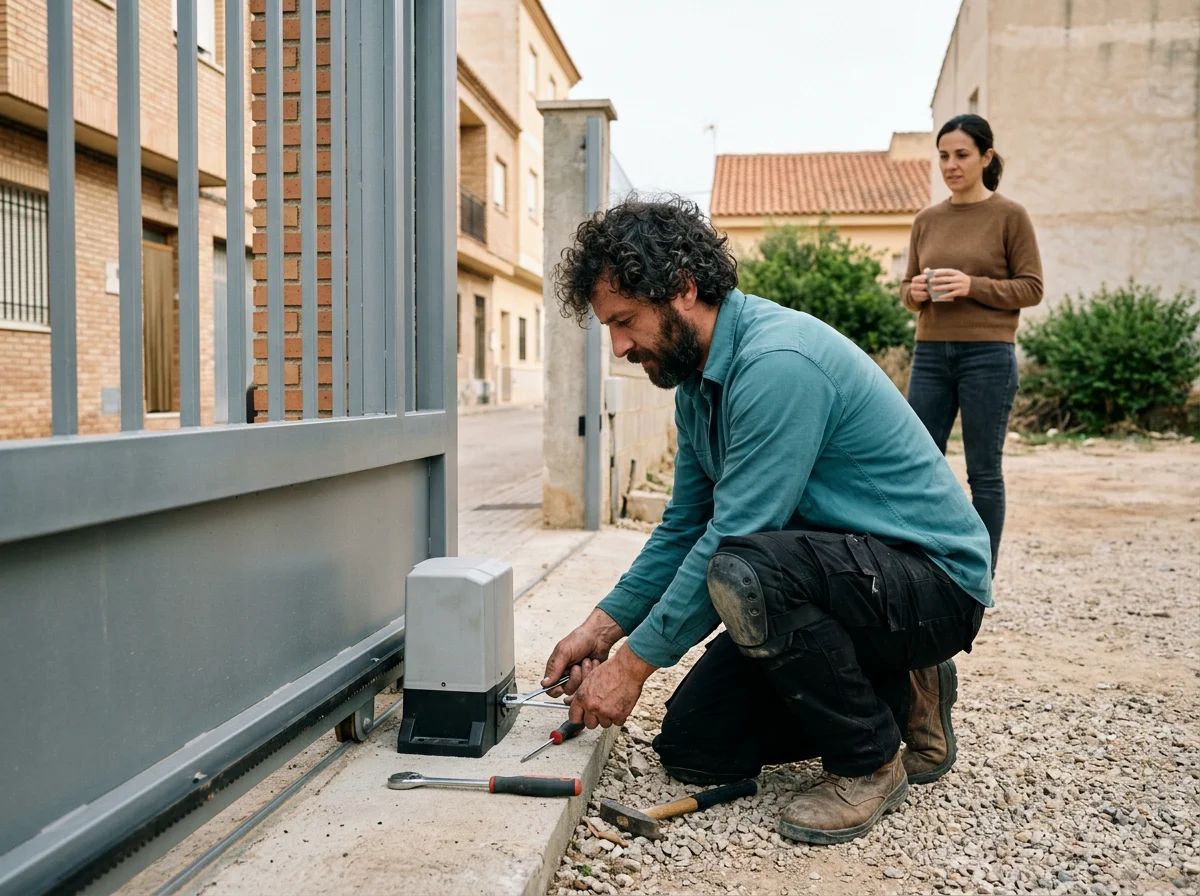 Automatismos de puertas en Jijona: técnico instalando un motor de puerta corredera