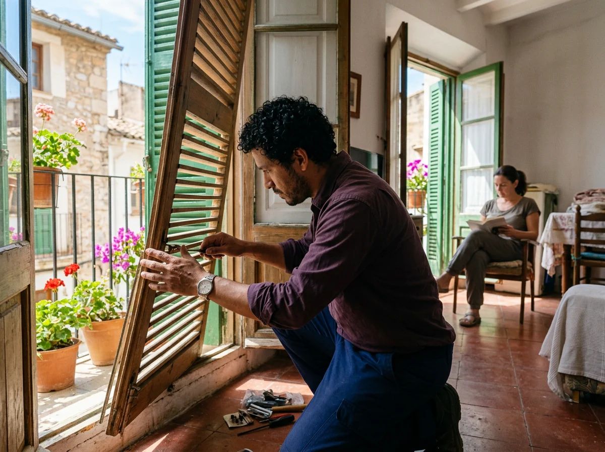 Reparación de persianas en Tàrbena: técnico reparando una persiana de madera