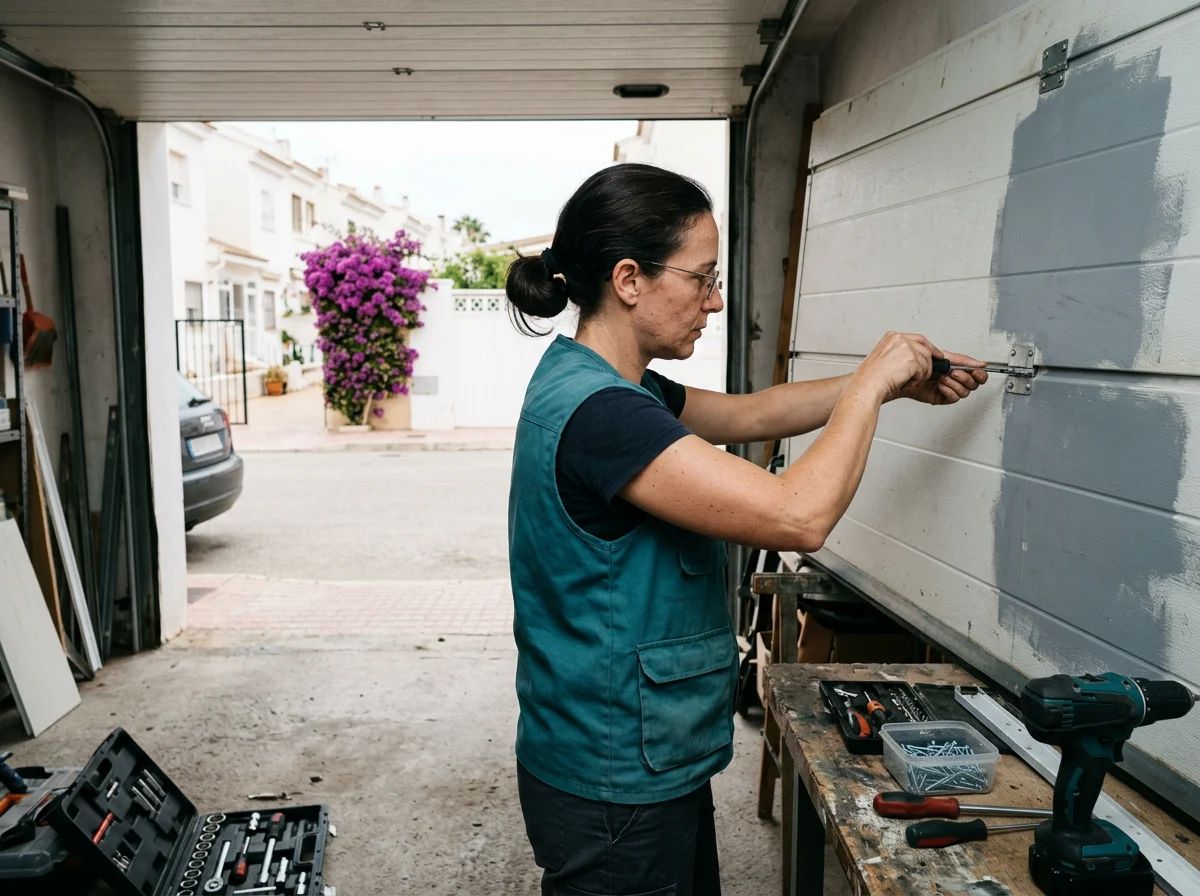 Puertas de garaje en Altea: técnico cambiando un panel de una puerta seccional
