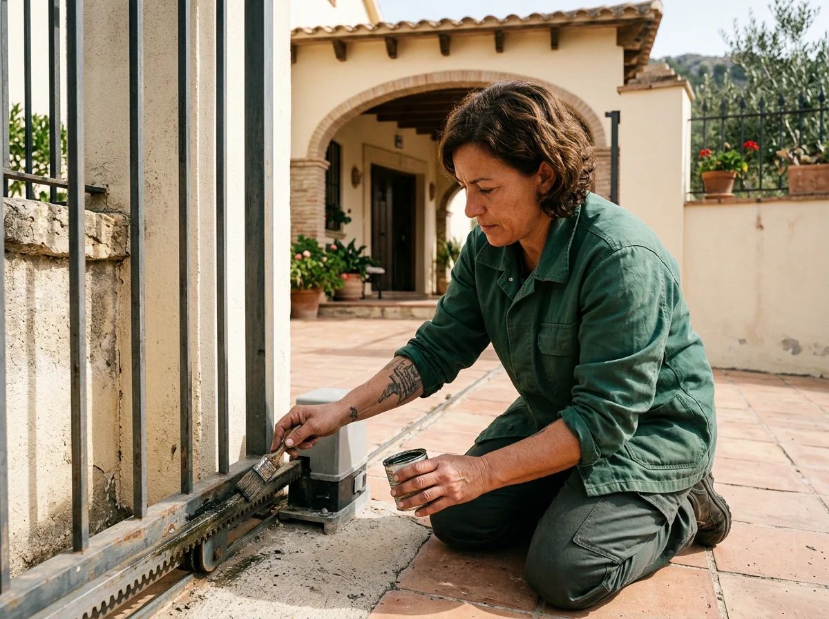 Automatismos de puertas en Pedreguer: técnico engrasando la cremallera de una puerta corredera
