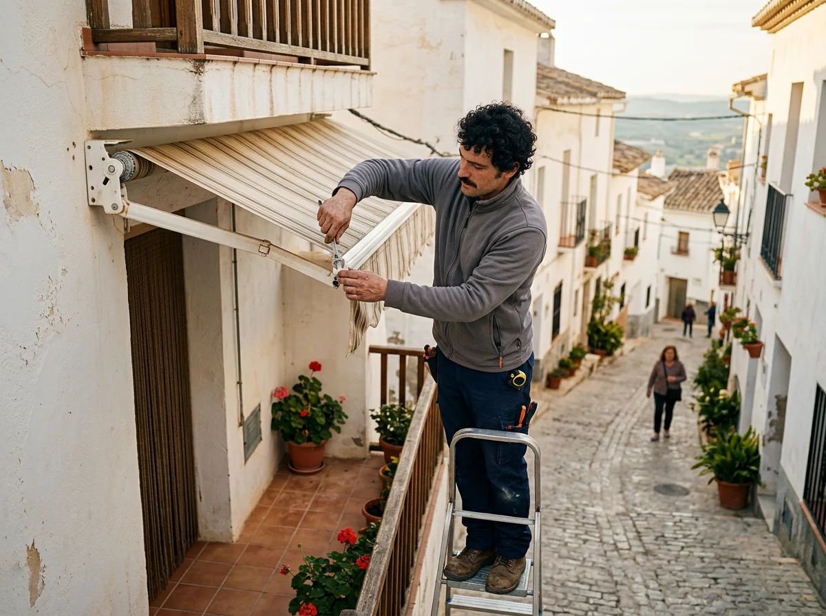 Reparación de persianas en Beniarrés: técnico reparando un toldo