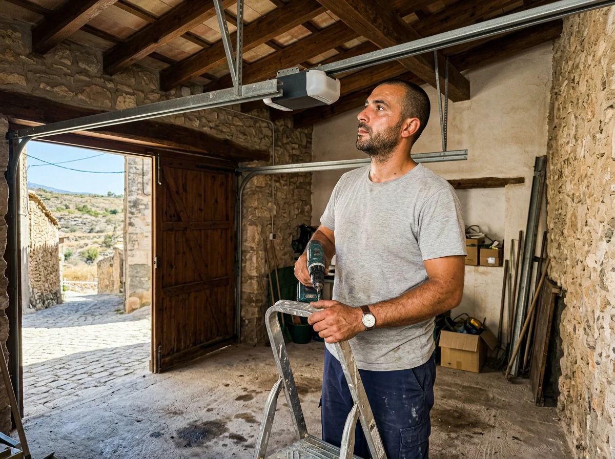 Puertas de garaje en Muro de Alcoy: técnico instalando un motor de techo