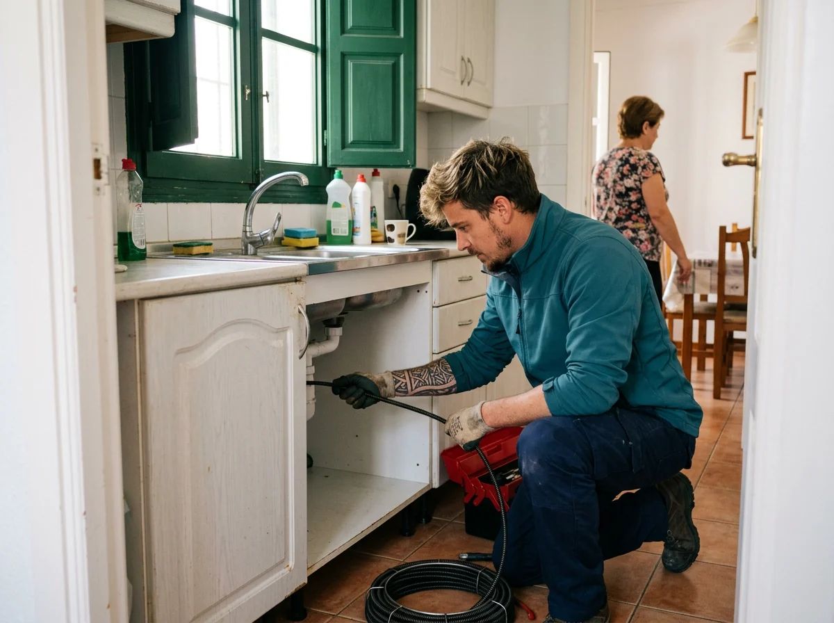Desatascos en La Vall de Laguar: técnico comprobando el desagüe de la cocina