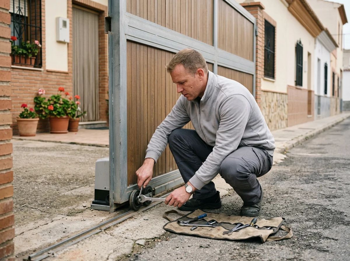 Automatismos de puertas en Villena: técnico reparando las ruedas de una puerta corredera