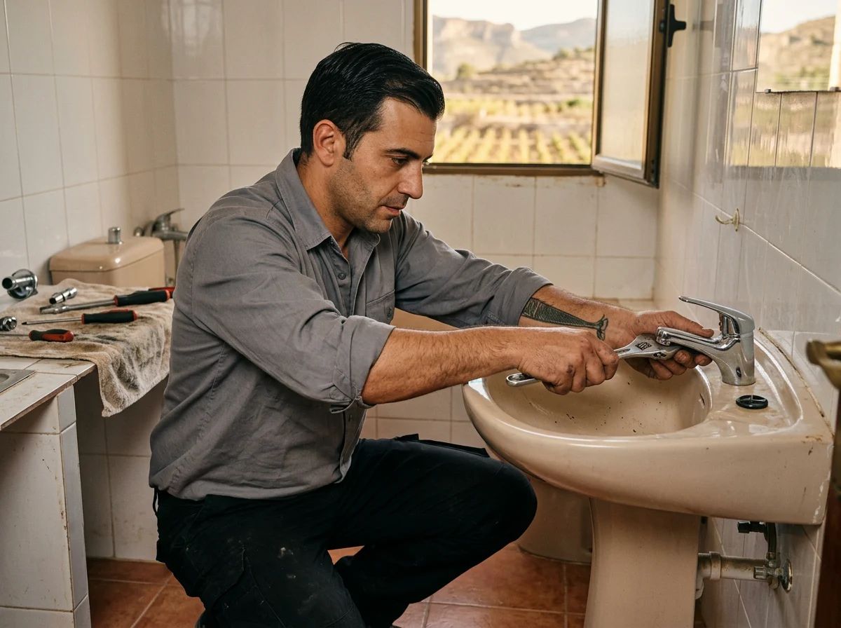 Fontaneros en Elda: técnico cambiando el grifo del lavabo
