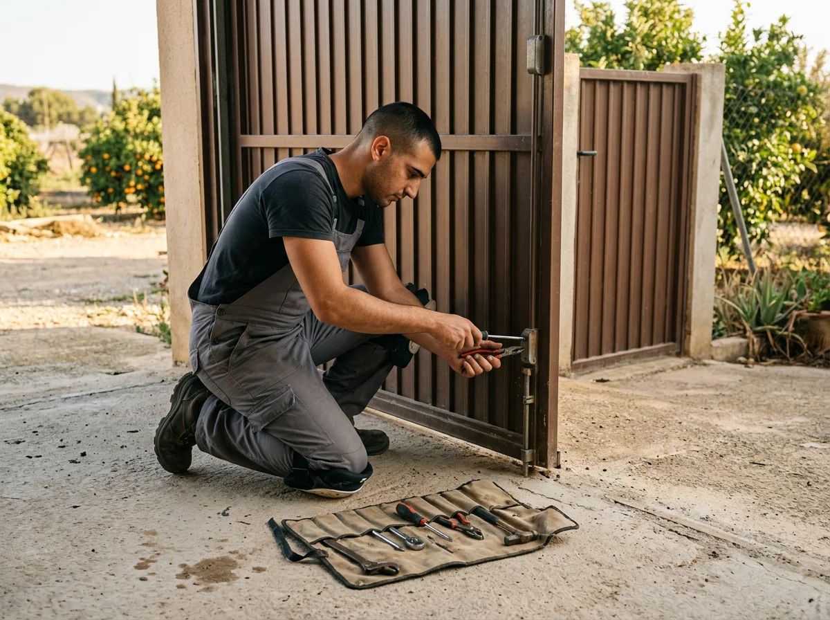 Puertas de garaje en Callosa de Segura: técnico reparando la cerradura de una puerta de garaje