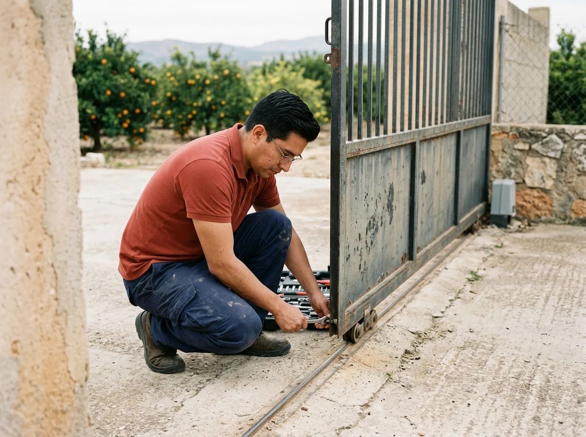 Automatismos de puertas en Daya Vieja: técnico reparando las ruedas de una puerta corredera