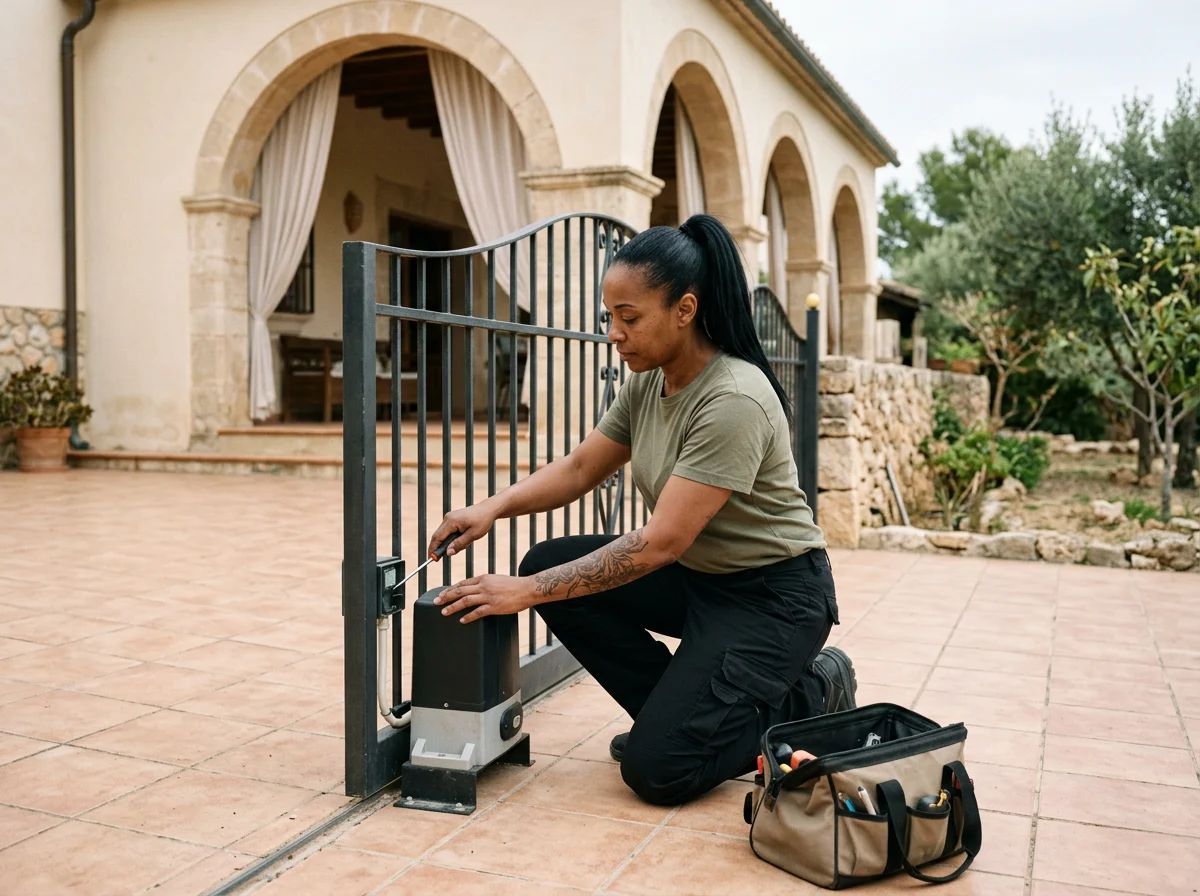 Automatismos de puertas en Ondara: técnico revisando la puerta automática de una comunidad
