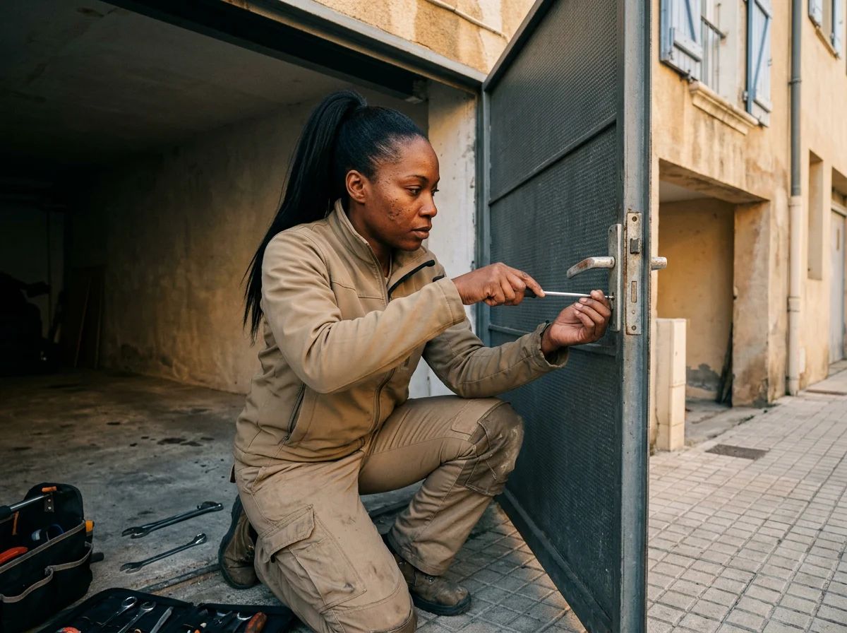Puertas de garaje en El Verger: técnico reparando la cerradura de una puerta de garaje