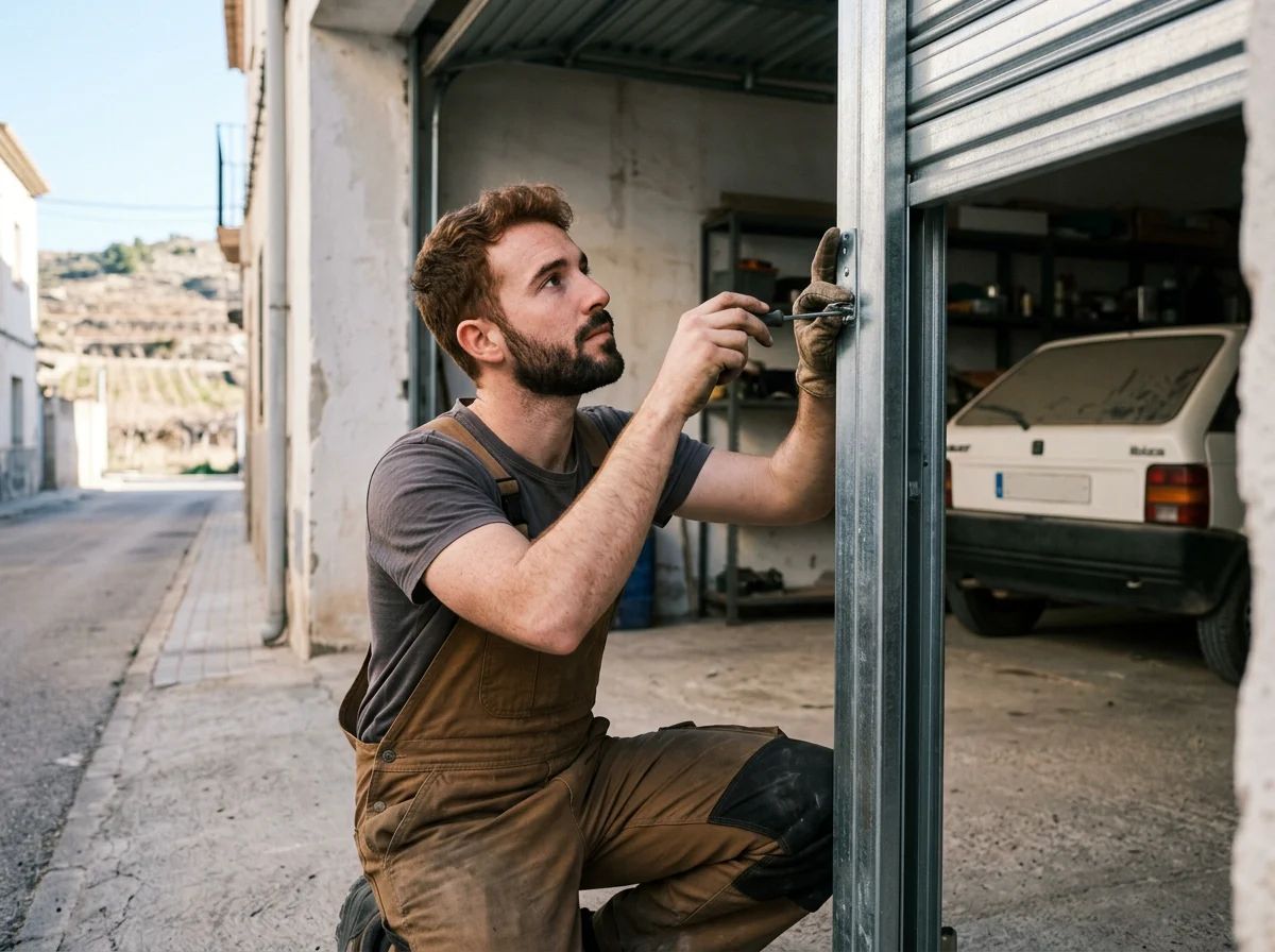 Puertas de garaje en Campo de Mirra: técnico instalando una puerta enrollable
