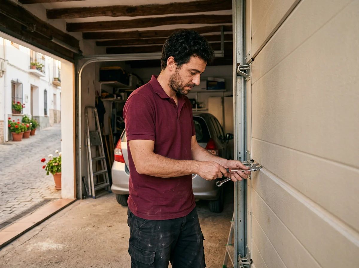 Puertas de garaje en Onil: técnico cambiando un panel de una puerta seccional