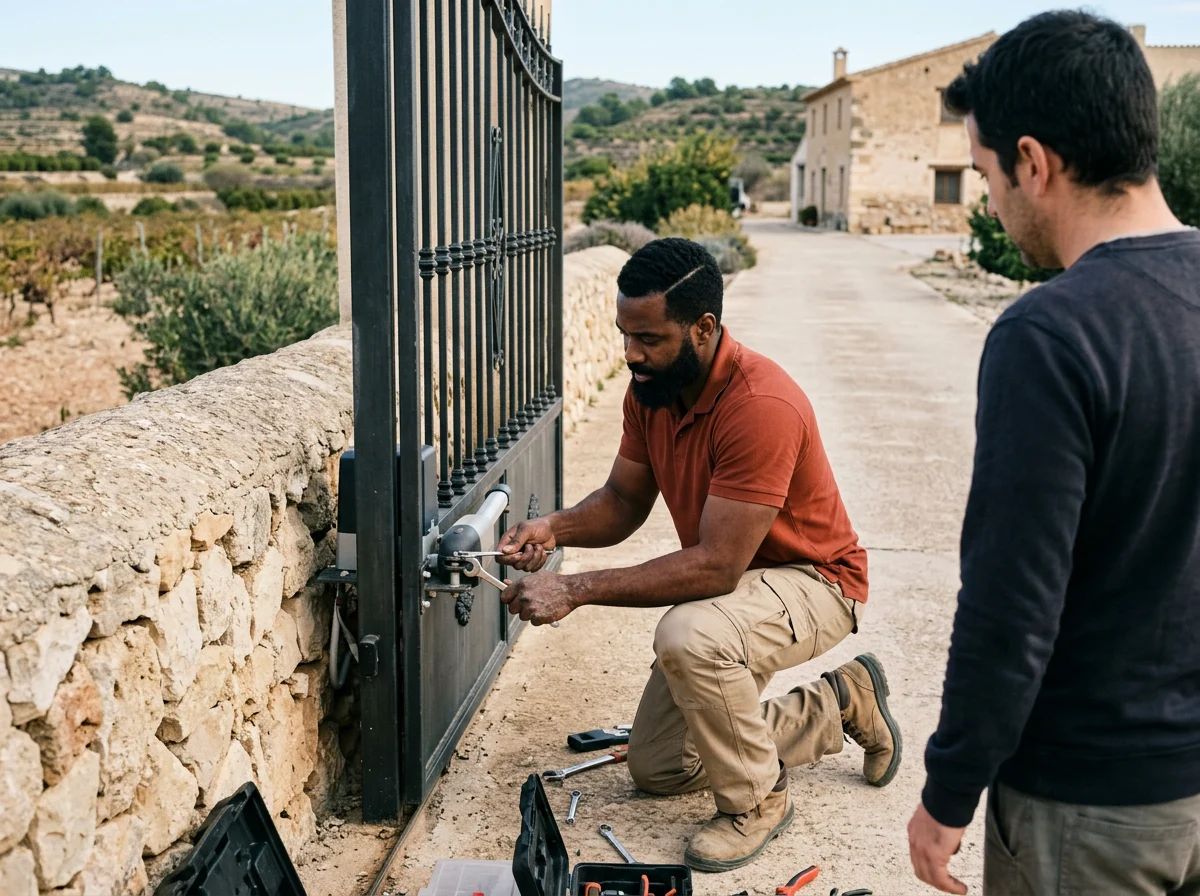 Automatismos de puertas en Monóvar: técnico instalando un motor en una cancela de campo