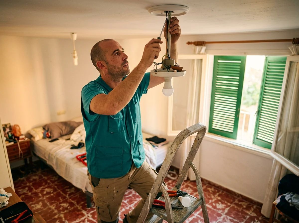 Electricistas en Llíber: técnico instalando un ventilador de techo