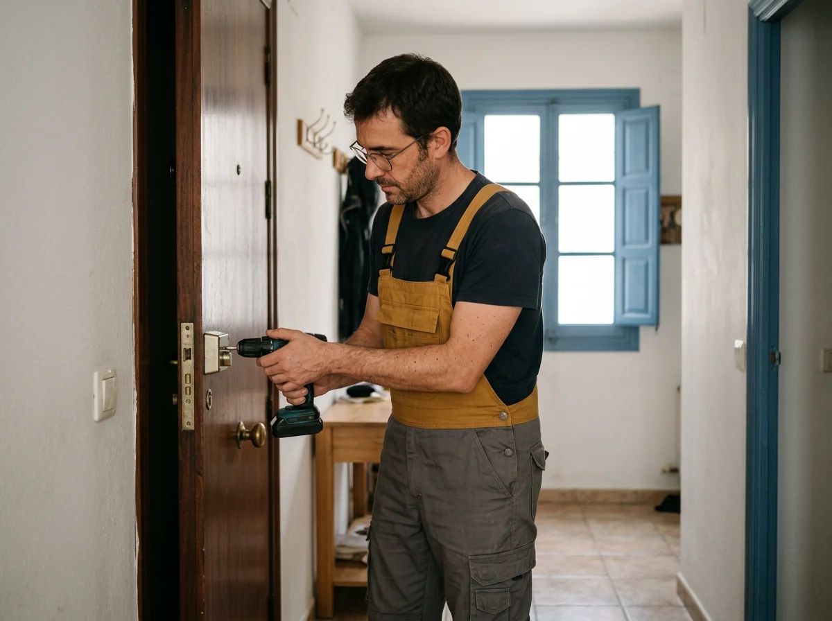 Cerrajeros en Teulada: técnico instalando un cerrojo de seguridad