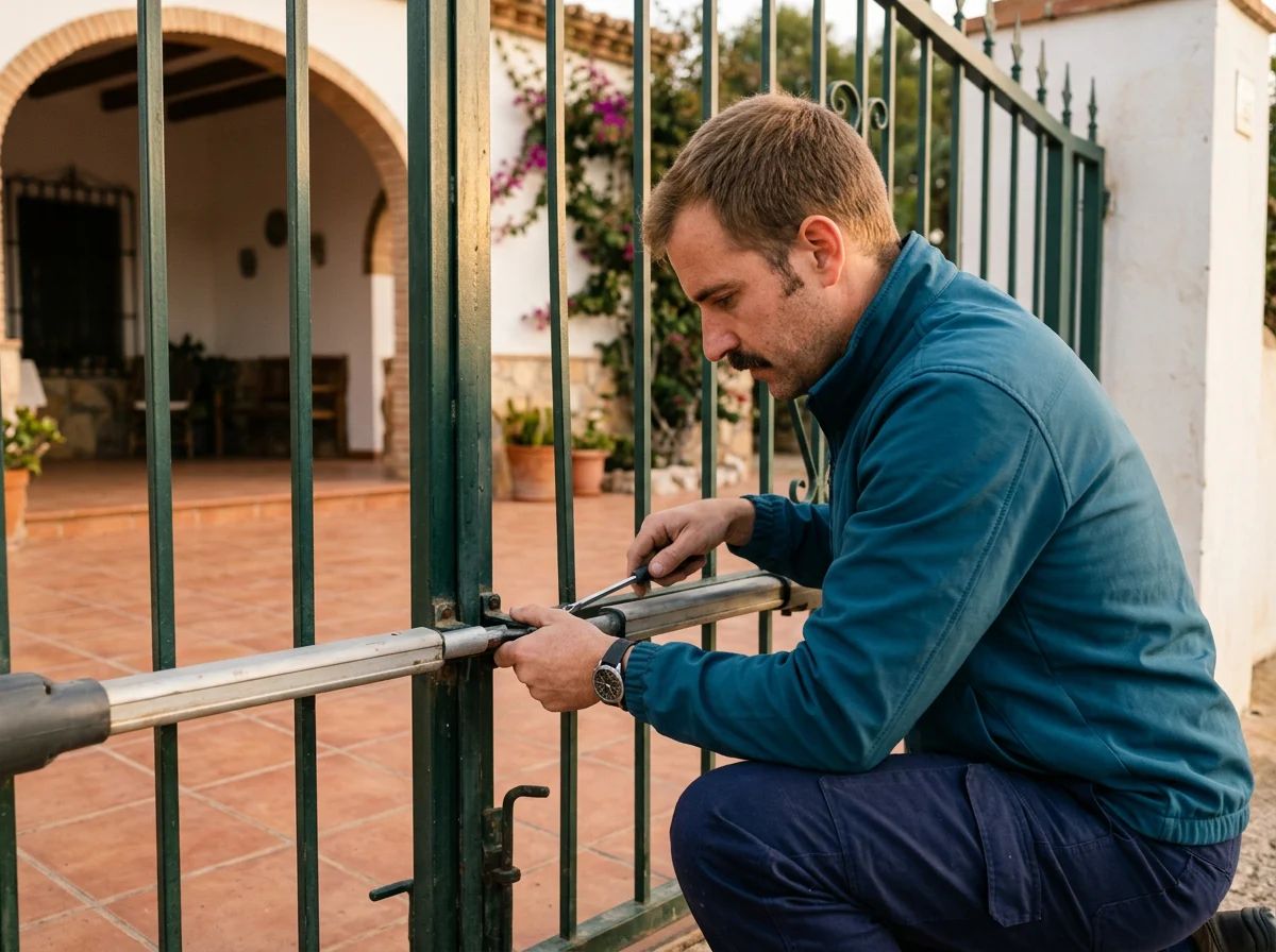 Automatismos de puertas en Llíber: técnico ajustando el motor de una cancela batiente