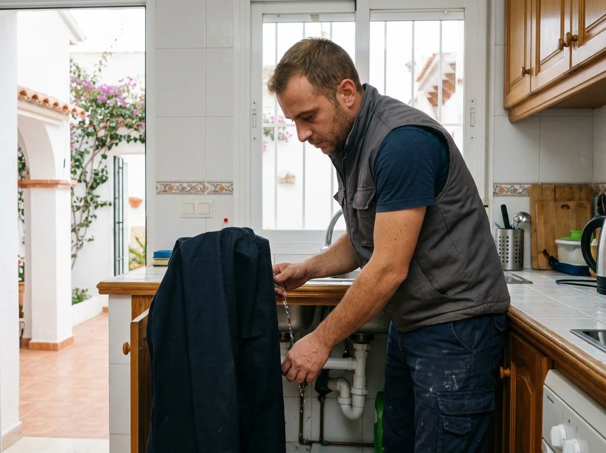 Desatascos en Teulada: técnico comprobando el desagüe de la cocina