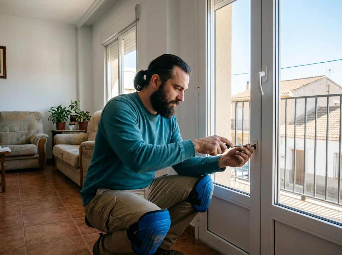 Cerrajeros en Rojales: técnico ajustando la cerradura de una puerta de terraza