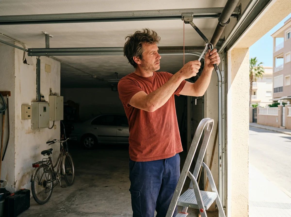 Puertas de garaje en Els Poblets: técnico ajustando los muelles de una puerta seccional