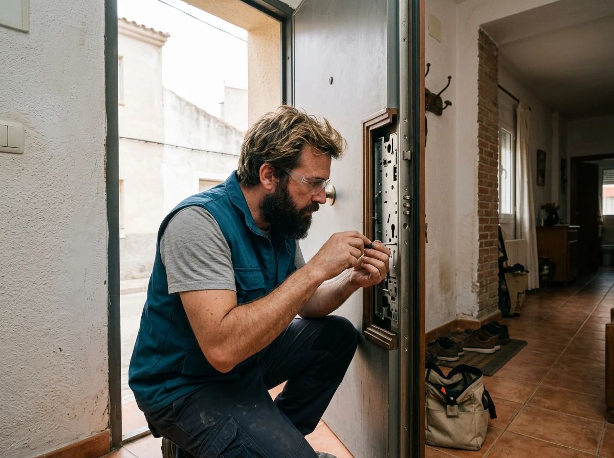 Cerrajeros en Sax: técnico reparando una cerradura multipunto