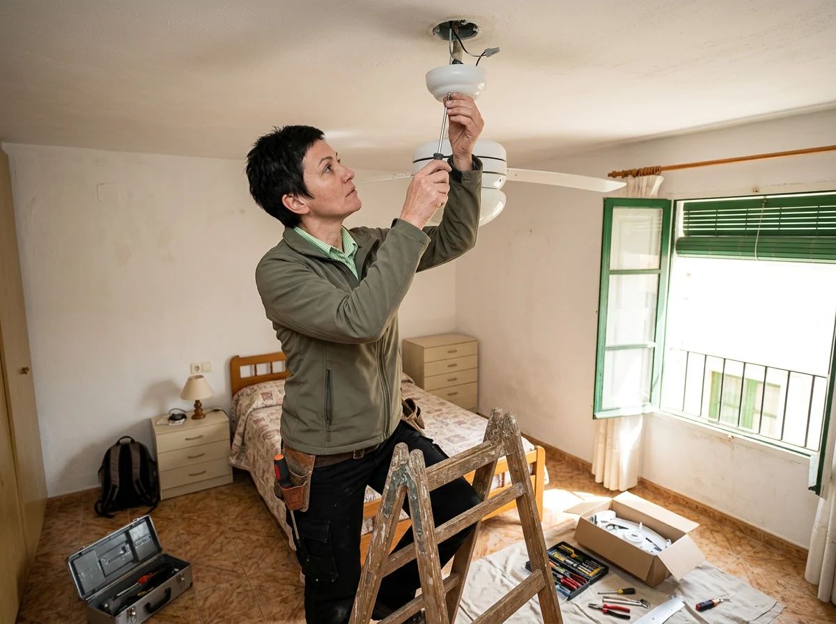 Electricistas en Castell de Castells: técnico instalando un ventilador de techo