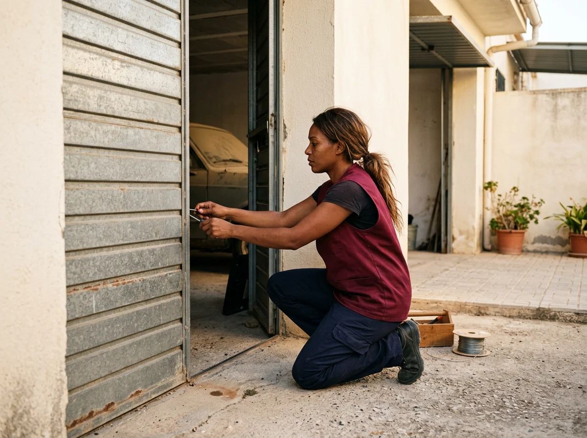 Puertas de garaje en Cox: técnico revisando la puerta de un garaje comunitario
