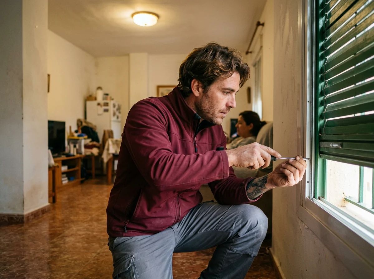 Reparación de persianas en Sanet y Negrals: técnico ajustando las guías de una persiana