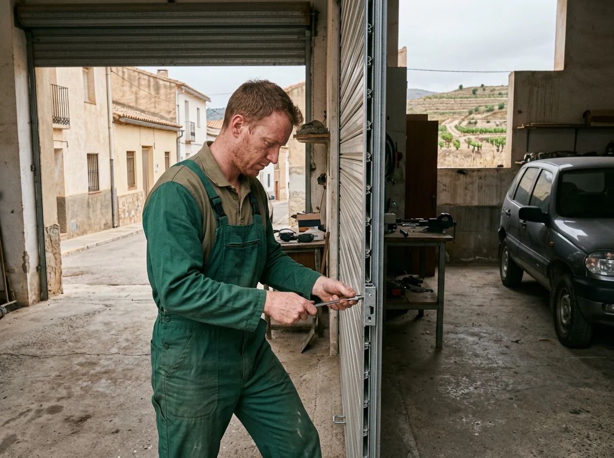 Puertas de garaje en Biar: técnico instalando una puerta enrollable