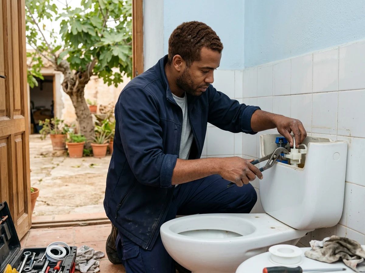 Fontaneros en Villena: técnico reparando la cisterna del inodoro