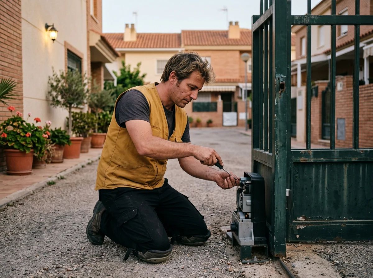Automatismos de puertas en Hondón de las Nieves: técnico revisando la puerta automática de una comunidad