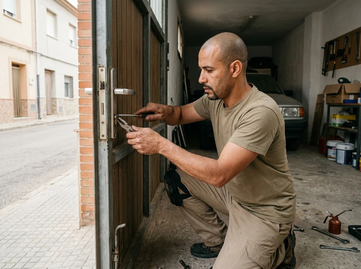 Puertas de garaje en La Romana: técnico reparando la cerradura de una puerta de garaje