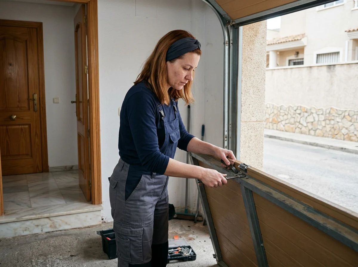 Puertas de garaje en Crevillent: técnico cambiando un panel de una puerta seccional