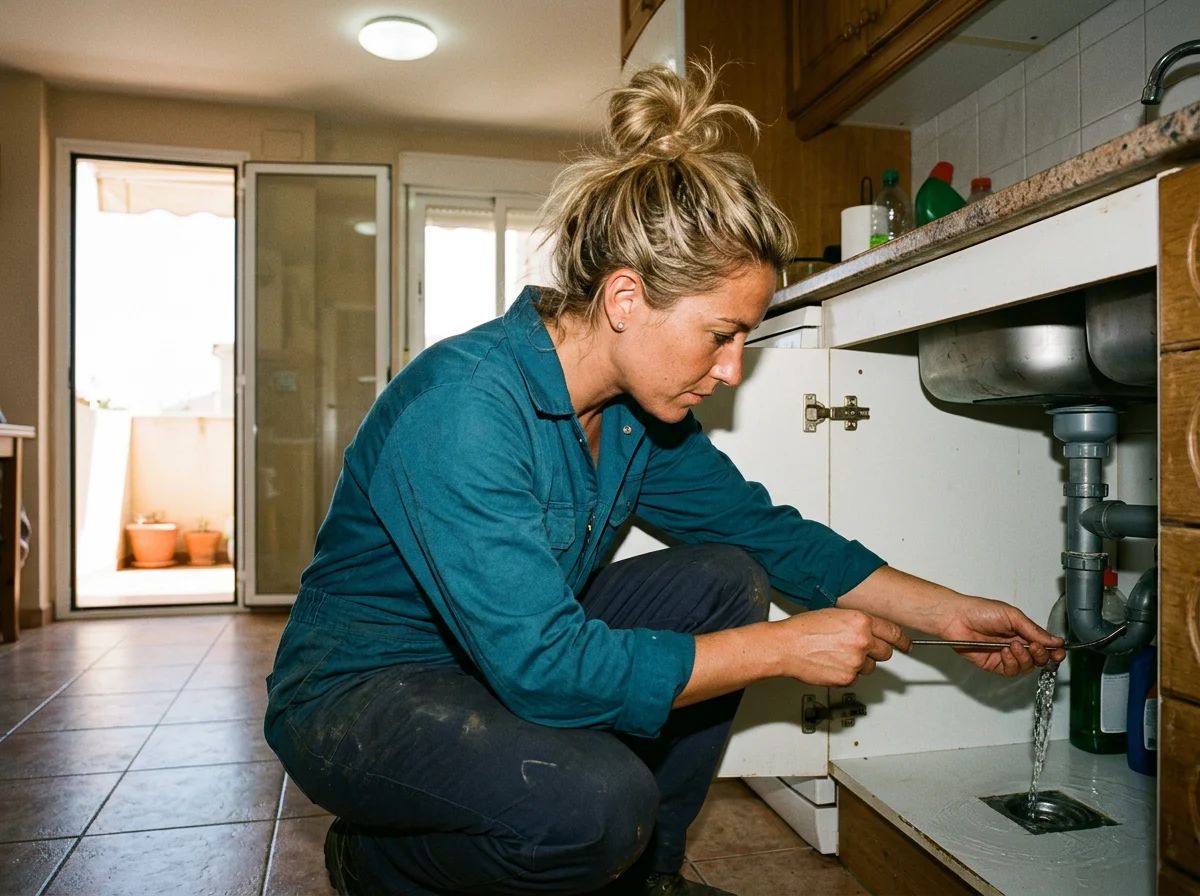 Desatascos en Dénia: técnico comprobando el desagüe de la cocina