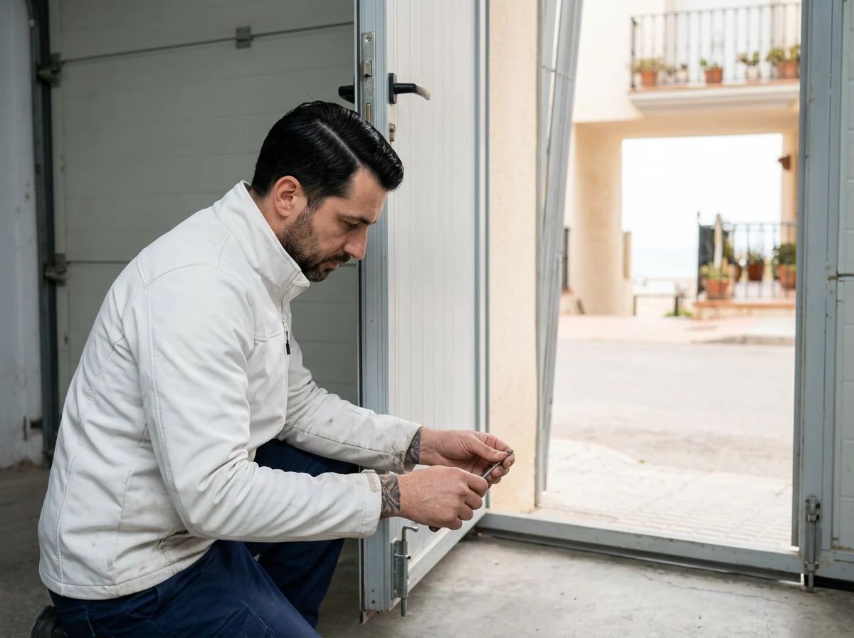 Puertas de garaje en Finestrat: técnico reparando la puerta peatonal de un garaje